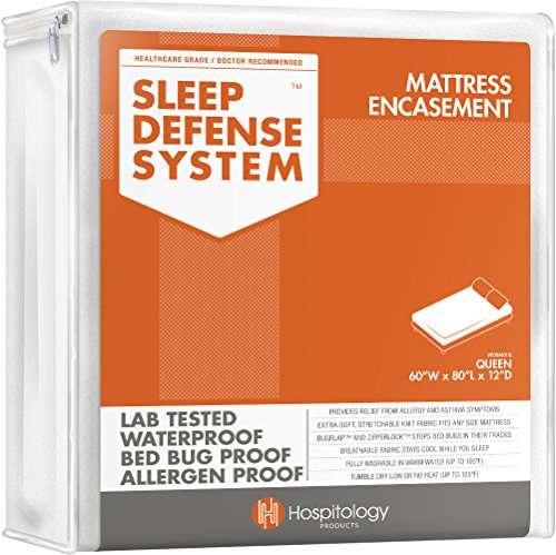 HOSPITOLOGY PRODUCTS Mattress Encasement - Zippered Bed Bug Dust Mite Proof Hypoallergenic - Sleep Defense System - Queen - Waterproof - Stretchable - Standard 12' Depth - 60' W x 80' L