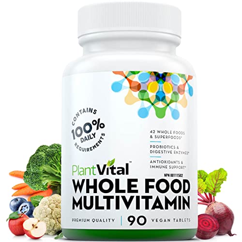 Plantvital Whole Food MULTIVITAMIN with 56 Superfoods, Raw Veggies & Fruits, Probiotics, Digestive Enzymes, B-Complex, Omegas & More. Vegan/Non-GMO. Dairy/Soy/Gluten Free. 90 Vegan Tablets