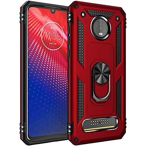 Military Grade Drop Impact for Motorola Moto Z4 Case,Moto Z4 Play Case 360 Metal Rotating Ring Kickstand Holder Magnetic Car Mount Armor Heavy Duty Case Z4 Z4 Play Z4 Force Phone Case (Red)