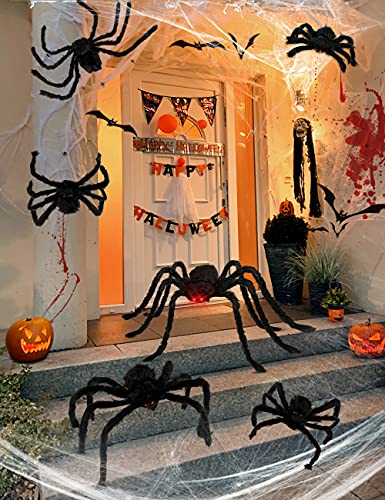 HOPOCO Halloween Plush Spiders Set (6 pcs Red Eyes Spider (47',35',30',24'',20',12') Sizes, Scary Fake Spider for Indoor Outdoor Halloween Decor for Home Party Yard Haunted House Decorations