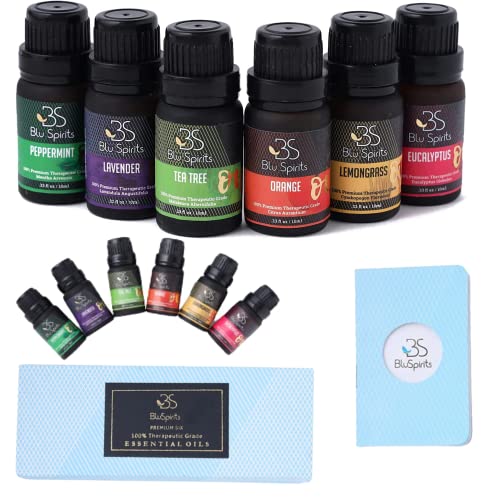 Essential Oils Set -BluSpirits 6 Piece Organic Blends For Diffusers, Therapeutic, Aromatherapy, Humidifiers, Home Care, Fragrance Gifts - Peppermint, Tea Tree, Lavender, Eucalyptus, Lemongrass, Orange