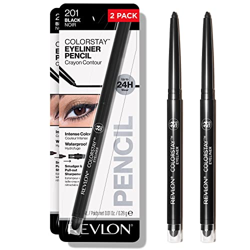 Revlon Pencil Eyeliner, ColorStay Eye Makeup with Built-in Sharpener, Waterproof, Smudge-proof, Longwearing with Ultra-Fine Tip, 201 Black, 2 Pack