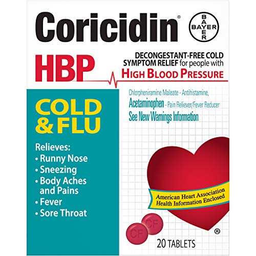 Coricidin HBP Decongestant-Free Cold & Flu Medicine for Hypertensives, Cold & Flu Symptom Relief for People with High Blood Pressure, 325 mg Acetaminophen Tablets (20 Count), Multicolor (533815)