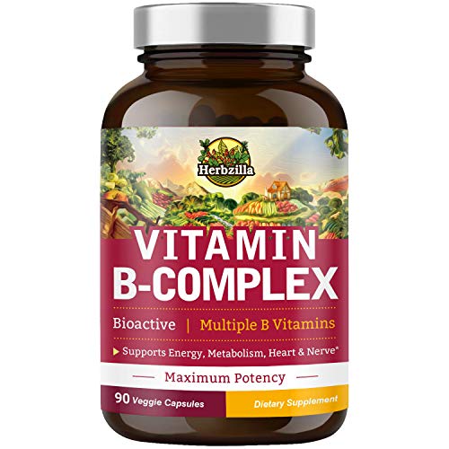 Herbzilla Vitamin B-Complex, B1, B2, B3 (Niacin), B5, B6, B7 (Biotin), B9 (Folate), B12, Maximum Potency, Supports Energy Metabolism, Immunity, Digestion, Brain, Nerves & Heart Health, 90 Veggie Caps