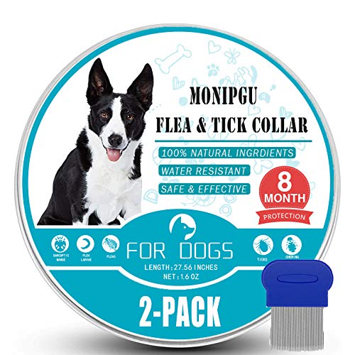 Flea and Tick Collar for Dogs,2 Pack,Natural Flea and Tick Prevention for Dogs,8 Months Protection,One Size Fits All Dogs,Adjustable & Waterproof,Include Flea Comb