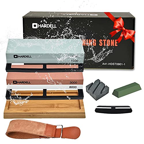 Knife Sharpening Stone Set,400/1000 and 3000/8000 Grit Whetstone Knife Sharpener Kit with Leather Razor Strop, Leather Honing Strop, Polishing Compound, Bamboo Base, and Flattening Stone by HARDELL