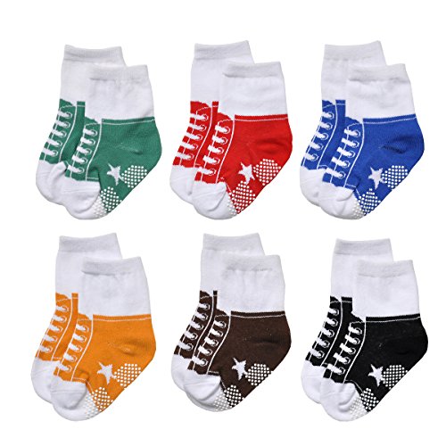 EPEIUS Baby Boys Non Skid Socks Like Shoes Infants and Toddlers Non-Slip Booties for 6-12 Months (Pack of 6),Black/White/Blue/Yellow/Brown/Green