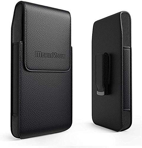 Mobile Vogue by Reiko Premium Eco-Friendly Leather Phone Pouch Belt Clip Holster Compatible with iPhone/Galaxy/Stylo/Android Phone with Protective Case on (Black-MV385, 6.6 x 3.5 x 0.7 in)