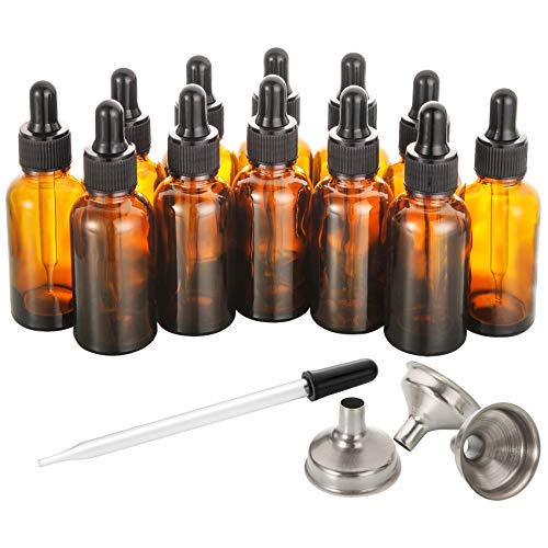 12 PCS, 1 oz Bottles for Essential Oils with 3 Stainless Steel Funnels & 1 Long Glass Dropper - 30ml Amber Glass Bottles with Eye Droppers - Tincture Bottles, Leak Proof Travel Bottles for Liquids