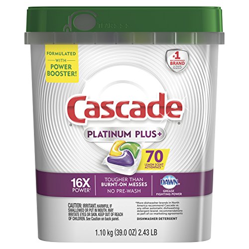 Cascade Platinum Dishwasher Pods, ActionPacs Dishwasher Detergent with Dishwasher Cleaner Action, Lemon Platinum Plus, 70 Count