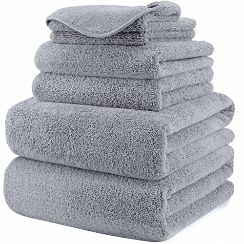 POLYTE Oversize, 60 x 30 in., Quick Dry Lint Free Microfiber Bath Towel Set, 6 Piece (Gray)