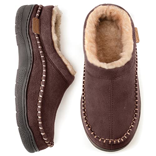 Zigzagger Men's Slip On Moccasin Slippers, Indoor/Outdoor Warm Fuzzy Comfy House Shoes, Fluffy Wide Loafer Slippers,Coffee,11-12 D(M) US