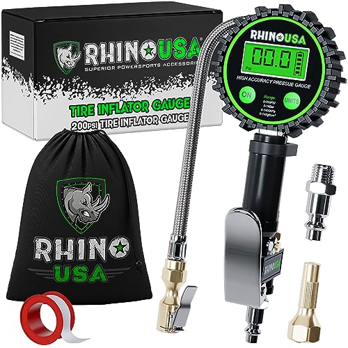 Rhino USA Digital Tire Inflator with Pressure Gauge (0-200 PSI) - ANSI B40.7 Accurate, Large 2' Easy Read Glow Dial, Premium Braided Hose, Solid Brass Hardware, Best for Any Car, Truck, Motorcycle, RV