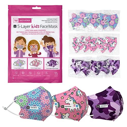 wovenx - FDA Registered, 5 Ply, Kids Face Masks 15 Pack, With Adjustable Earloops, Individually Packaged, Disposable (Girls Masks: Unicorn, Flowers, Camouflage)
