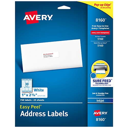 Avery Easy Peel Printable Address Labels with Sure Feed, 1' x 2-5/8', White, 750 Blank Mailing Labels (08160)