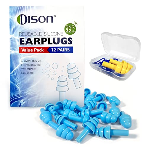 DISON Silicone Ear Plugs for Swimming, 12Pair Noise Reduction Ear Plugs, Waterproof Ear Plugs for Sleeping, Swimming, Snoring, Concerts, Ear Protection Earplugs …(Blue)