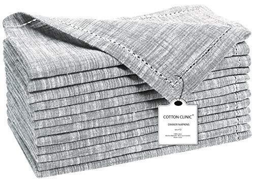 Cotton Clinic 12 Pack Farmhouse Style Slub Textured 18x18 Cloth Dinner Napkins, 100% Cotton for Everyday Use and Events - Soft and Durable Cocktail Napkins, Wedding Dinner Napkins, Gray