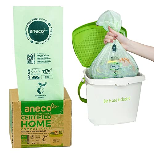 ANECO 100% Compostable Trash Bags 2.6 Gallon, Extra Thick Kitchen Compost Bags, Small Compostable Bags for Countertop Bin (100 Count)