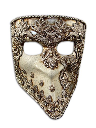 Luxury Venetian Half Face Mask Bauta Mac Craquele with Macrame and Swarovski Crystals for Men (Silver)