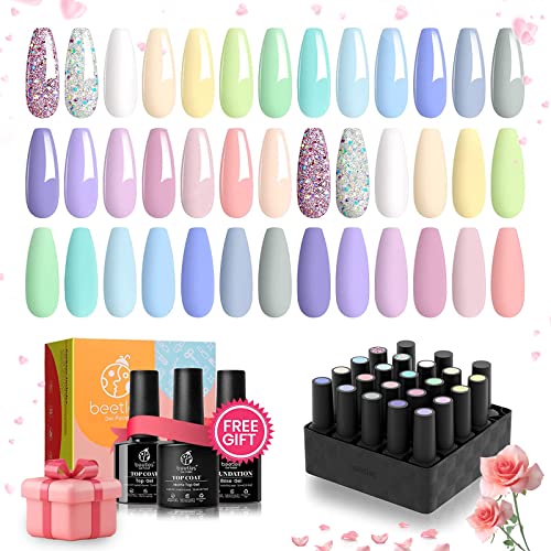 Beetles 20Pcs Gel Nail Polish Kit with Glossy & Matte Top Coat and Base Coat - Pastel Paradise Girly Colors Collection Bright Nail Art Solid Sparkle Glitters Gel Polish Halloween Nails Manicure Kit