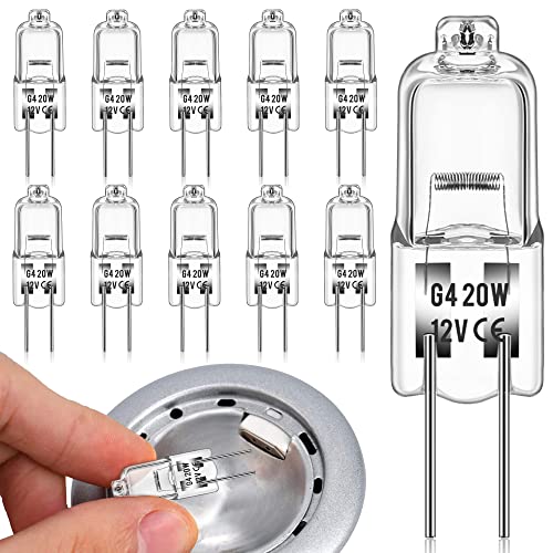 DORESshop Halogen Light Bulbs, 10 Pack G4 Bulb, Halogen Light Bulbs 2 Pin 12V 20W Bi-Pin G4 Base 350lm Long Lifetime Dimmable 3000K Halogen Bulbs for Under Cabinet Puck Light, Chandeliers