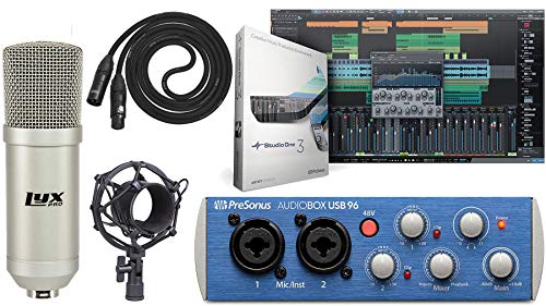 Presonus AudioBox 96 Audio USB 2.0 Recording Interface and Studio One Artist Software kit with Condenser Microphone Shockmount, and XLR Cable (Interface Color May Vary in Blue or Black)