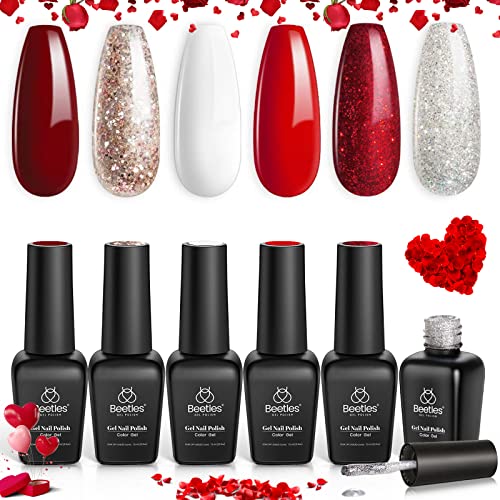 Beetles Candy Cane Gel Nail Polish Set - 6 Pcs Gel Polish Glitter Burgundy Red Sparkle Gel Kit Snow White Silver Nail Gel New Year Kit Girlfriend Christmas Nail Art Design Gifts for Women Mom Mother