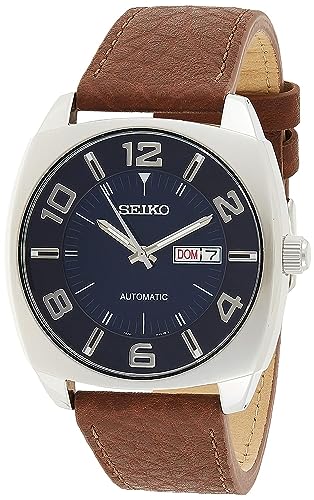 SEIKO SNKN37 Automatic Watch for Men - Recraft Series - Brown Leather Strap, Day/Date Calendar, 50m Water Resistant, Blue Dial, Luminous Hands & Markers, and 41 Hour Power Reserve