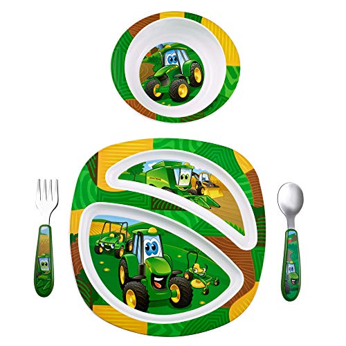 John Deere's Johnny Tractor and Friends Feeding 4 Piece Set, Green, Brown, Yellow, Blue, White, Red