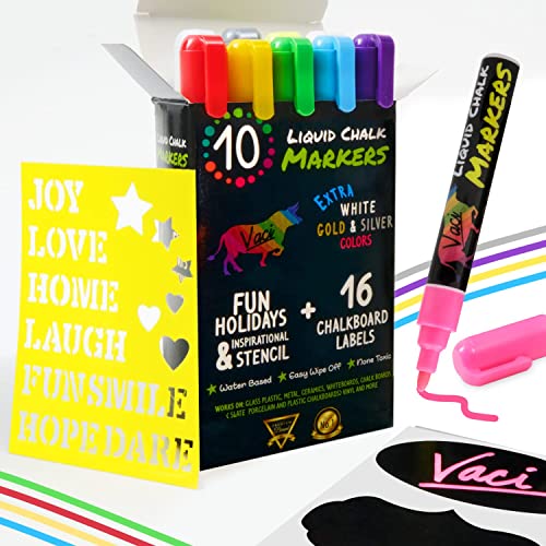 Vaci 10 Multicolored Liquid Chalk Markers | Erasable, Non-Toxic, Water-Based Pens | 6 mm Reversible Tips - Bullet & Chisel | On Chalkboards, Windows, Glass, Mirrors, Blackboards & More | Kids & Adults