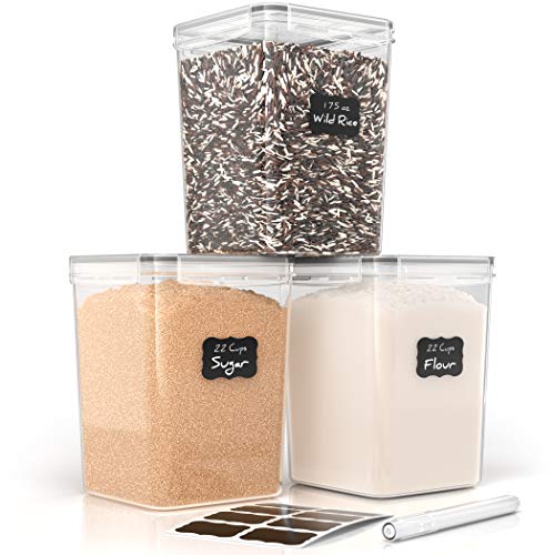 Simply Gourmet Airtight Food Storage Containers - Set of 3 Flour and Sugar Canisters for Pantry Storage and Organization - Marker & Labels Included