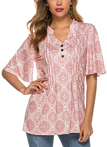 HOCOSIT Women's Floral Print Short Ruffle Sleeve Pleated Front V Neck Button Tunic Tops Pink