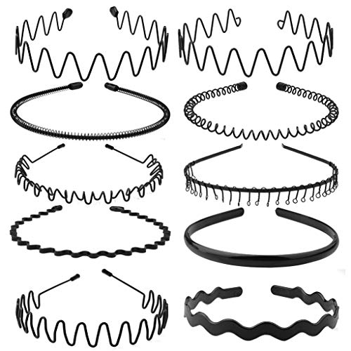 obmwang 10 Pack Metal Men Headband Unisex Spring Wavy Hair Hoop Men Women Sport Fashion Hair Bands Non-Slip Headwear Hair Accessories for Women Men