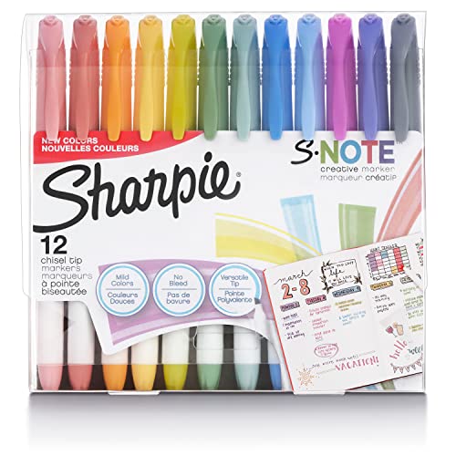 SHARPIE S-Note Creative Markers, Highlighters, Assorted Colors, Chisel Tip, 12 Count