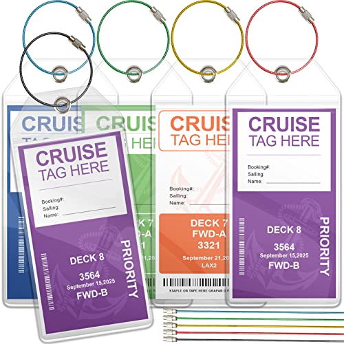 Meedo Cruise Luggage Tags, 5 Pack Luggage Tags for Cruise Ships, Carnival Cruise Luggage Tags Clear Cruise Luggage Tag Holder Zip Seal with Steel Loops Fits All Cruise Lines Cruise Essentials