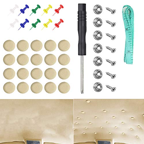 KUFUNG 60 PCS Car Roof Headliner Repair Kit, Auto Roof Snap Pins Retainer Design for Car Roof Flannelette Fixed, with Installation Tool and Fit Truck, SUV, UV, Car (Beige Grid)