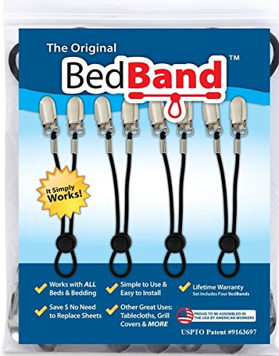 Bed Band Not Made in China. 100% USA Worker Assembled.. Bed Sheet Holder, Gripper, Suspender and Strap. Smooth any Sheets on any Bed. Sleep Better. Patented.,Black,1 Pack (4 Bands)