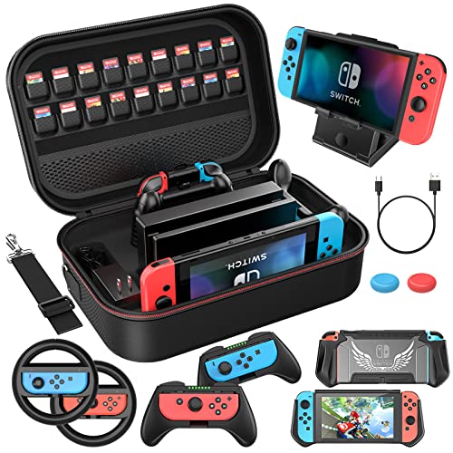 HEYSTOP Case Accessories Kit Compatible with Nintendo Switch 12 in 1 Switch Carry Case PlayStand Grip Steering Wheel, Grip, Screen Protector Protective Case Cover Thumb Grips Charger Cable