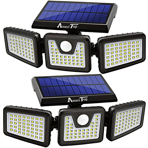 AmeriTop Solar Lights Outdoor, 2 Pack 128 LED 800LM Cordless LED Solar Motion Sensor Lights; 3 Adjustable Heads, 270°Wide Angle Illumination, IP65 Waterproof, Security LED Flood Light(Daylight)