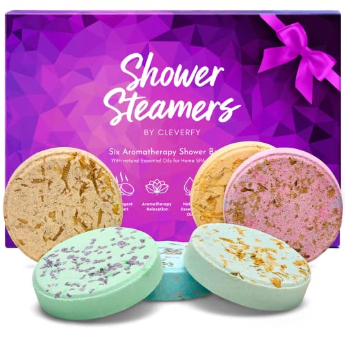 Cleverfy Shower Steamers Aromatherapy - Variety Pack of 6 Shower Bombs with Essential Oils. Self Care and Valentines Day Gifts for Her and Him. Purple Set