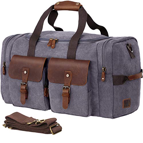 WOWBOX Duffle Bag Weekender Duffel Bag for Men and Women Genuine Leather Canvas Travel Overnight Carry on Bag with Shoes Compartment Grey