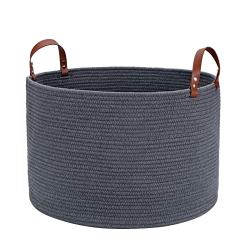 Large Baskets for Storage Cotton Rope Basket Laundry Basket Hamper- Hombins Woven Toy Bin Blanket Holder XXL Grey Collapsible Laundry Basket with Leather Handle, 20'X20'X13'