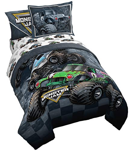 Jay Franco Monster Jam Slash 5 Piece Twin Bed Set - Includes Reversible Comforter&Sheet Set-Bedding Features Grave Digger&Megalodon-Super Soft Fade Resistant Microfiber-(Official Monster Jam Product)