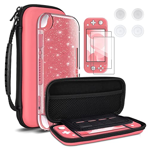 DLseego Carrying Case for Nintendo Switch lite, Newest Design Portable Travel Carrying Case 4 in 1 Accessories Kit with 1 Pcs Glitter case, 2 Pcs Screen Protectors and 4 PcsThumb Grips Caps -- Pink