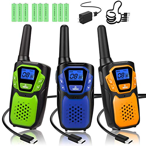 Walkie Talkies 3 Pack, Rechargeable Easy to Use Family Walky Talky Long Range 2 Way Radio Gift with NOAA Weather Channel Micro-USB Charger/Battery/Lanyard Hiking Camping Trip