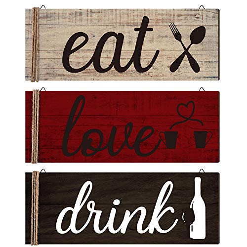 Jetec 3 Pcs Farmhouse Kitchen Wall Decor Eat Sign Rustic Wooden Kitchen Sign Wood Home Sign Eat Drink Love Sign with Hanging Hole for Home Kitchen Dining Living Room Bar Cafe Decor (Retro Color)