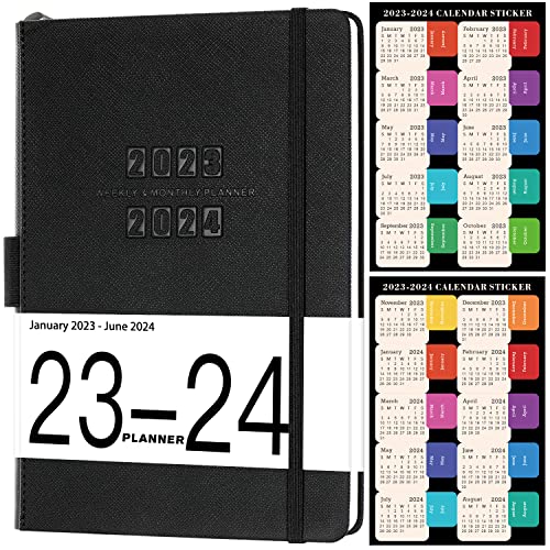 2023 Planner - 18-Months Weekly Monthly Planner 2023, January 2023 - June 2024, 5.75' x 8.25', Saffiano Leather with Thick Paper, Back Pocket with 32 Notes Pages - Black