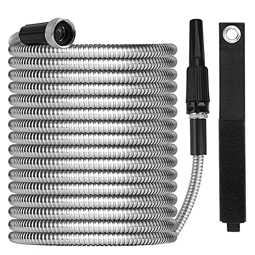 Metal Garden Hose 100ft with Super Tough and Soft Water Hose, Household Stainless Steel Hose, Durable Metal Garden Hose with Adjustable Nozzle, No Kinks and Tangles, Easy to Store with Storage Strap