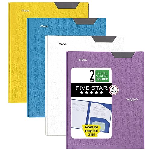 Five Star 2 Pocket Folders, 4 Pack, Plastic Folders with Stay-Put Tabs and Prong Fasteners, Holds 8-1/2” x 11' Paper, Writable Label, Tidewater Blue, White, Amethyst Purple, Harvest Yellow (38064)