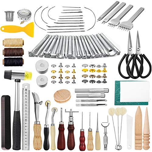 JOYPEA Leather Working Tools 195 PCS Leather Craft Stamping Tools with Cutting Mat Snaps and Rivets Kit Stitching Groover, Prong Punch for DIY Leather Craft